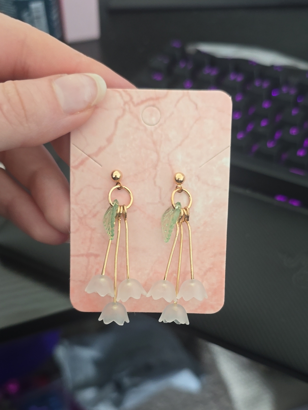 Gold and Green Floral Drop Earrings - Delicate Frosted Petals